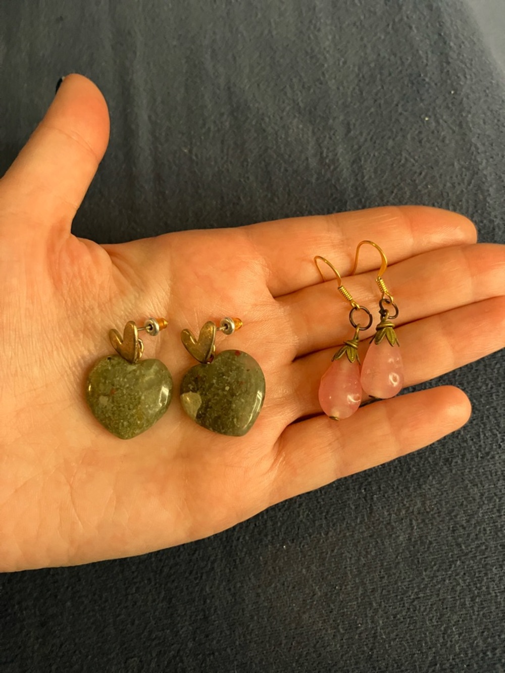 Gold-Tone Green Heart & Pink Teardrop Stone Earrings Set